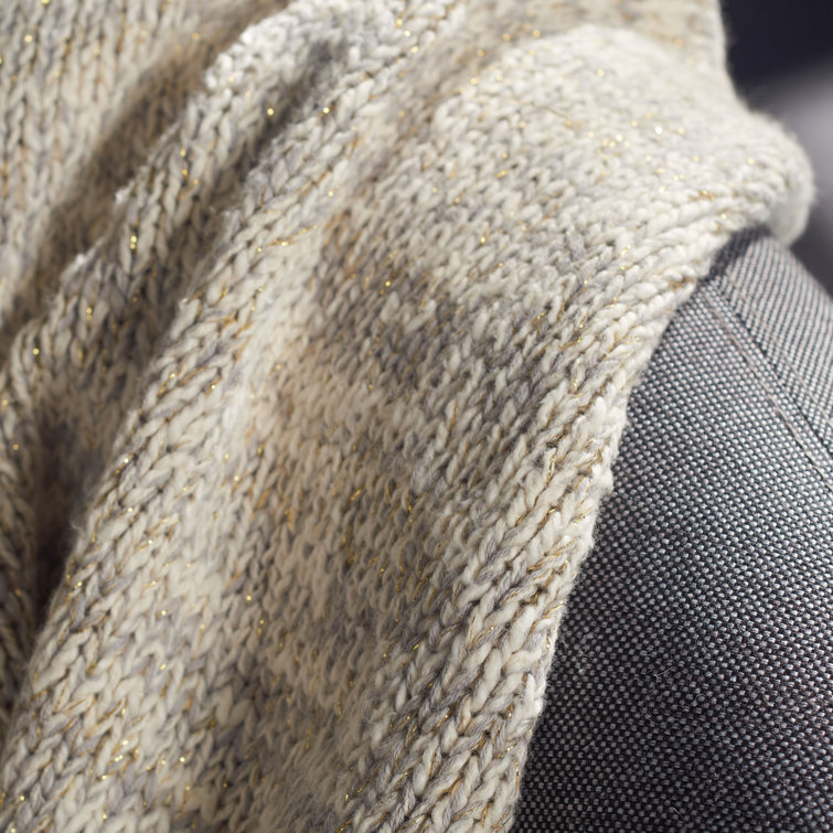 Light Grey and Gold Cotton Faux Fur Reversible Knit Throw
