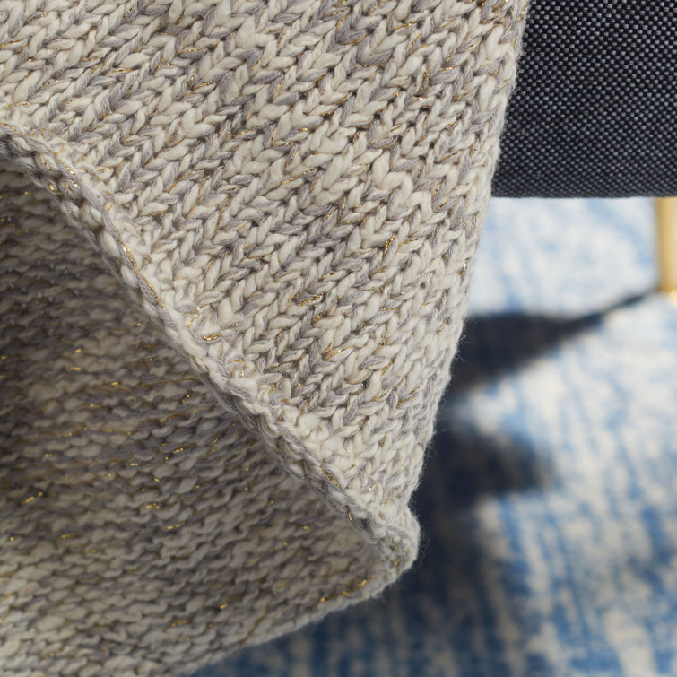 Light Grey and Gold Cotton Faux Fur Reversible Knit Throw