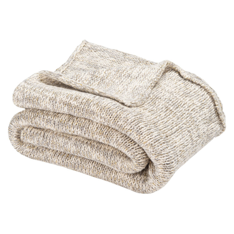 Light Grey and Gold Cotton Faux Fur Reversible Knit Throw