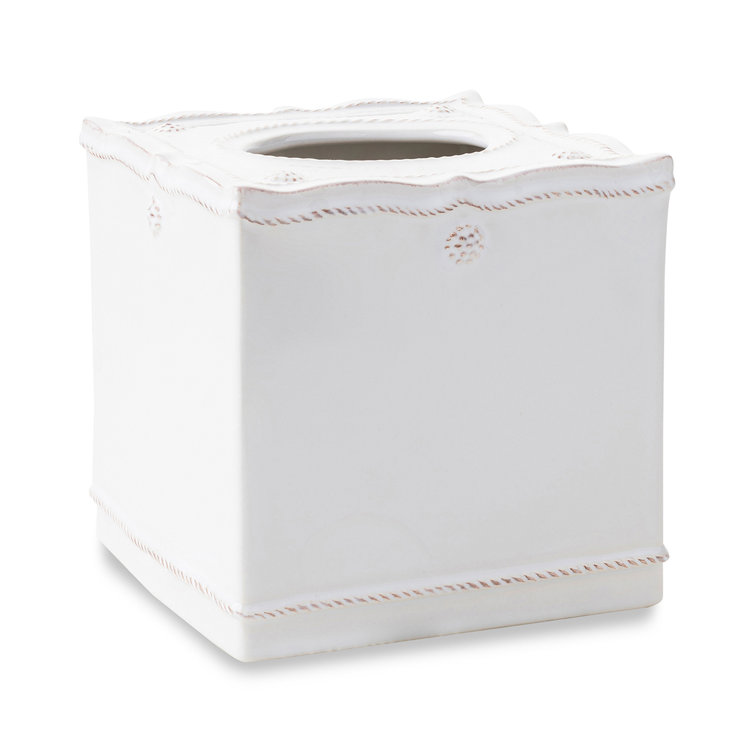 Elegant Whitewash Ceramic Tissue Box Cover with Berry & Thread Motif