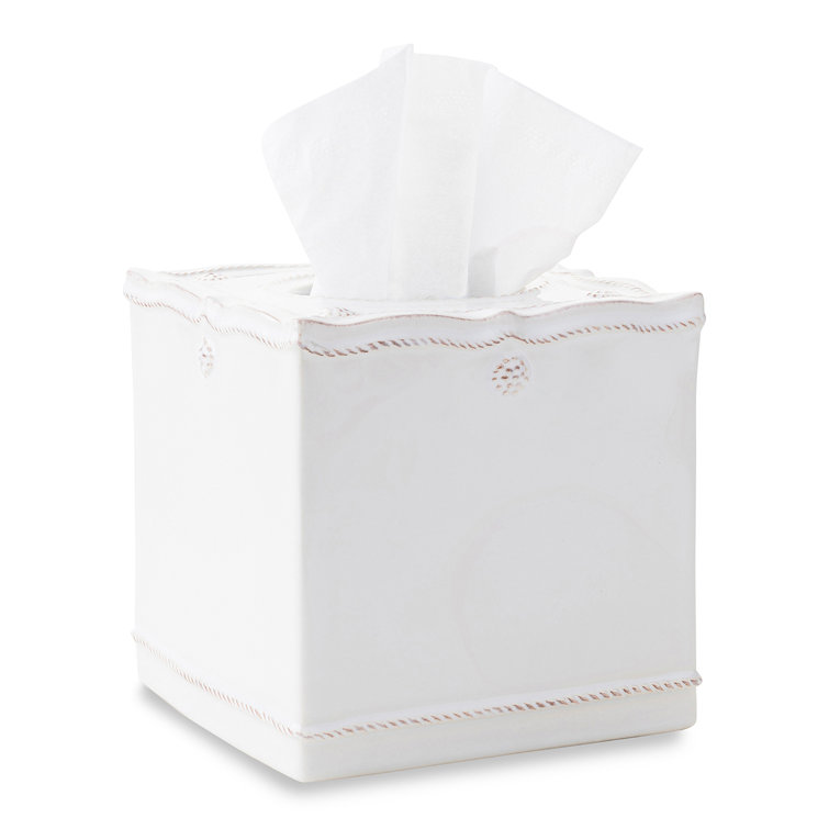 Elegant Whitewash Ceramic Tissue Box Cover with Berry & Thread Motif
