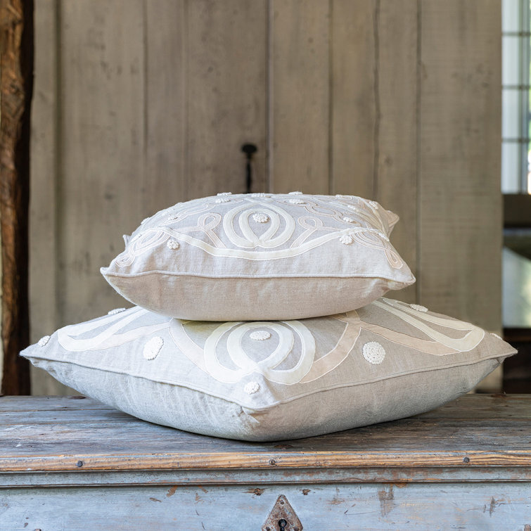 Natural Linen Square Throw Pillow with Velvet Applique