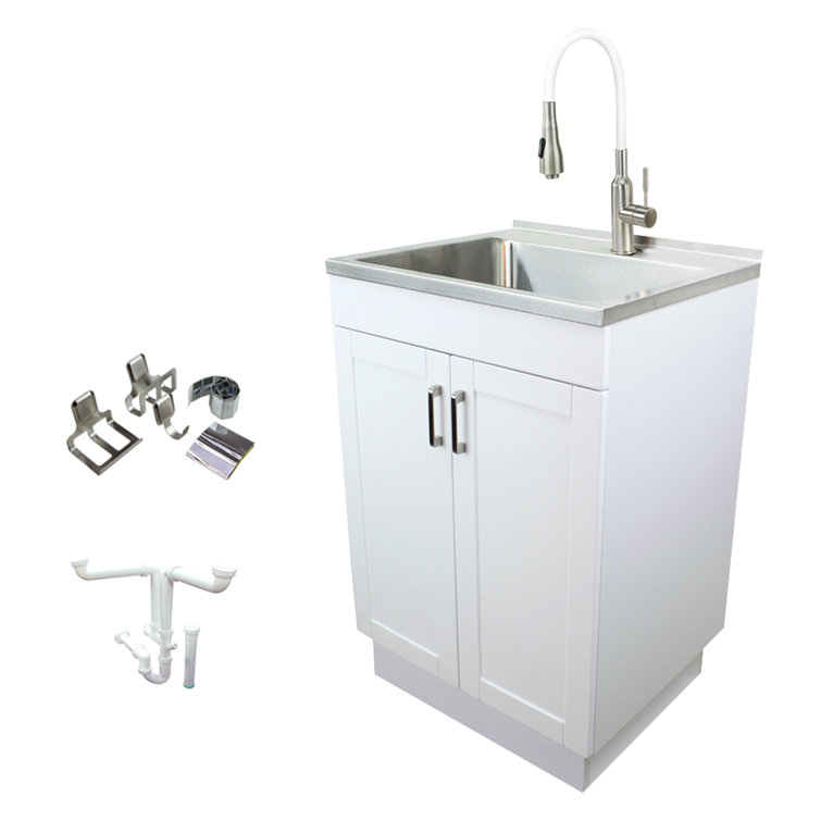 24-Inch White Freestanding Laundry Sink with Stainless Steel Faucet