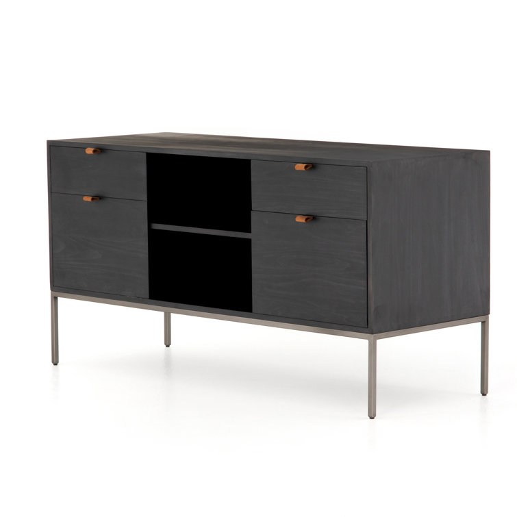 Contemporary Black Washed Poplar 4-Drawer Credenza with Toffee Leather Pulls