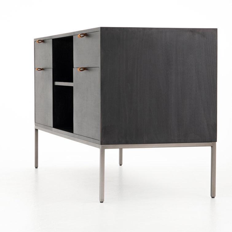 Contemporary Black Washed Poplar 4-Drawer Credenza with Toffee Leather Pulls