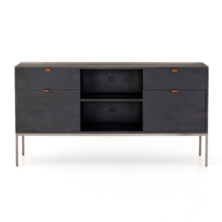 Contemporary Black Washed Poplar 4-Drawer Credenza with Toffee Leather Pulls