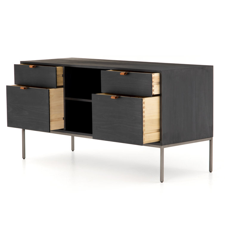 Contemporary Black Washed Poplar 4-Drawer Credenza with Toffee Leather Pulls