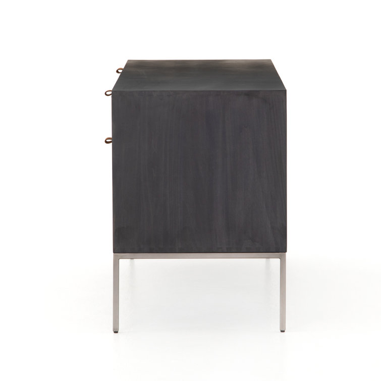 Contemporary Black Washed Poplar 4-Drawer Credenza with Toffee Leather Pulls