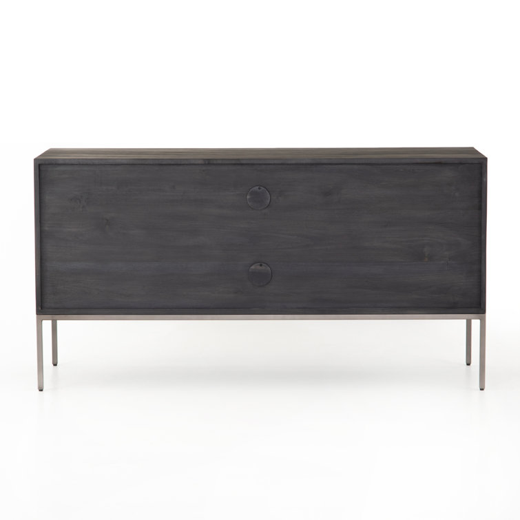 Contemporary Black Washed Poplar 4-Drawer Credenza with Toffee Leather Pulls