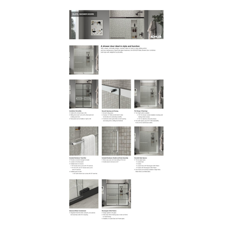 Elate Frameless Sliding Shower Door with Black Hardware and Clear Tempered Glass