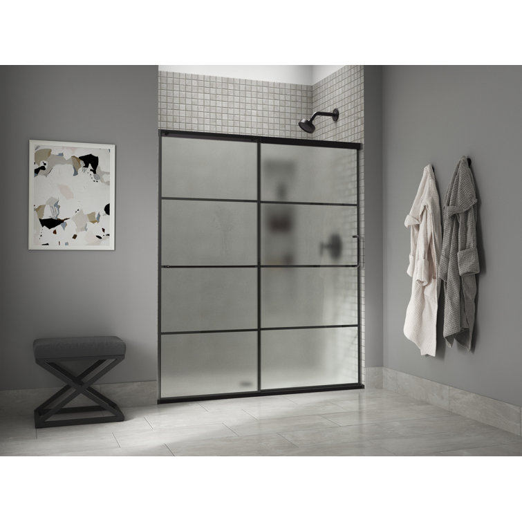 Matte Black Tall Sliding Shower Door with Frosted Glass