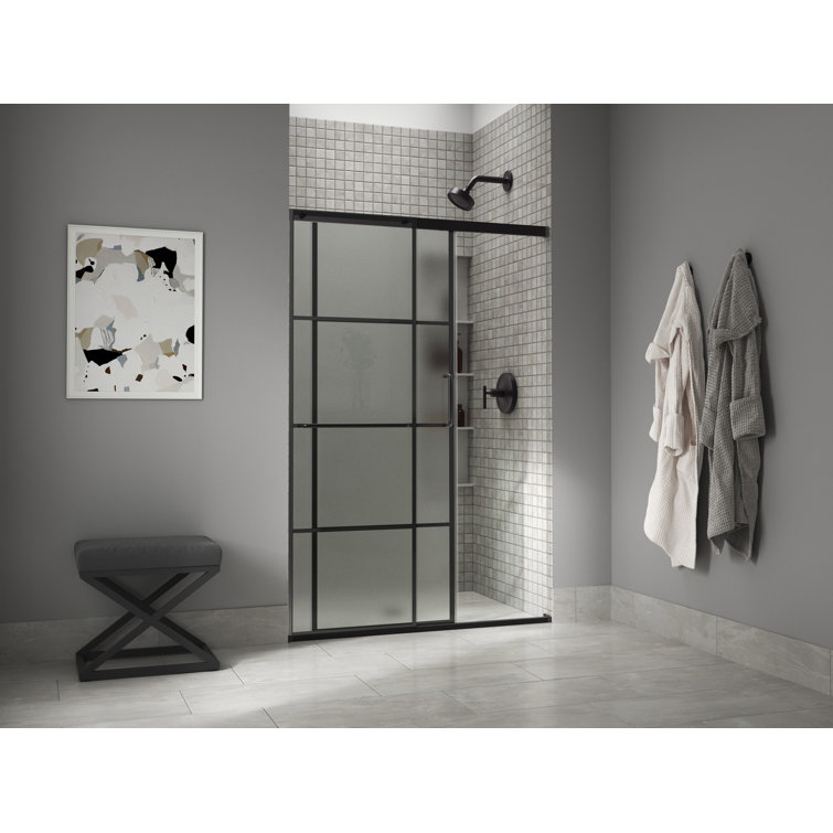 Matte Black Tall Sliding Shower Door with Frosted Glass