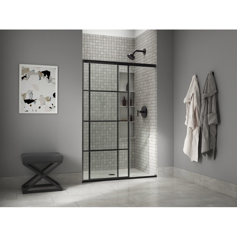 Elate Frameless Sliding Shower Door with Black Hardware and Clear Tempered Glass