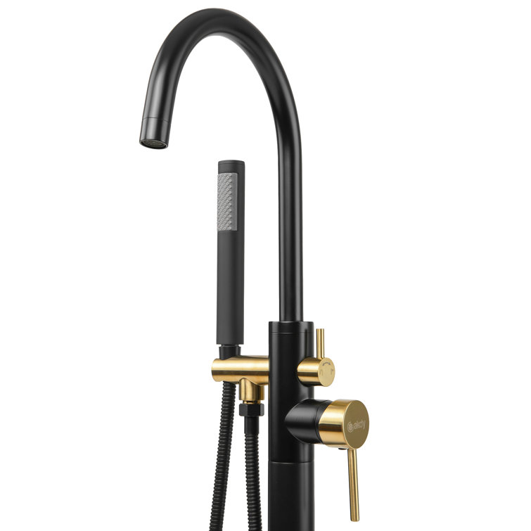 Matte Black and Gold Floor Mounted Tub Faucet with Lever Handle
