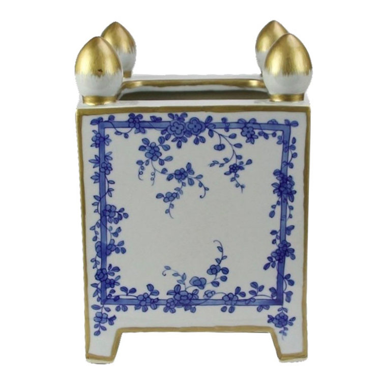 Hand-Painted Blue Floral Ceramic Planter with Gold Accents