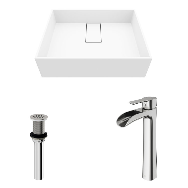 Bryant 17" White Matte Stone Vessel Sink with Waterfall Faucet