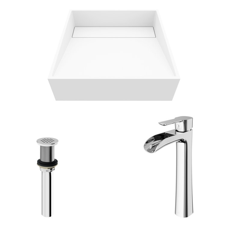 Starr 15" Square White Stone Vessel Sink with Chrome Faucet