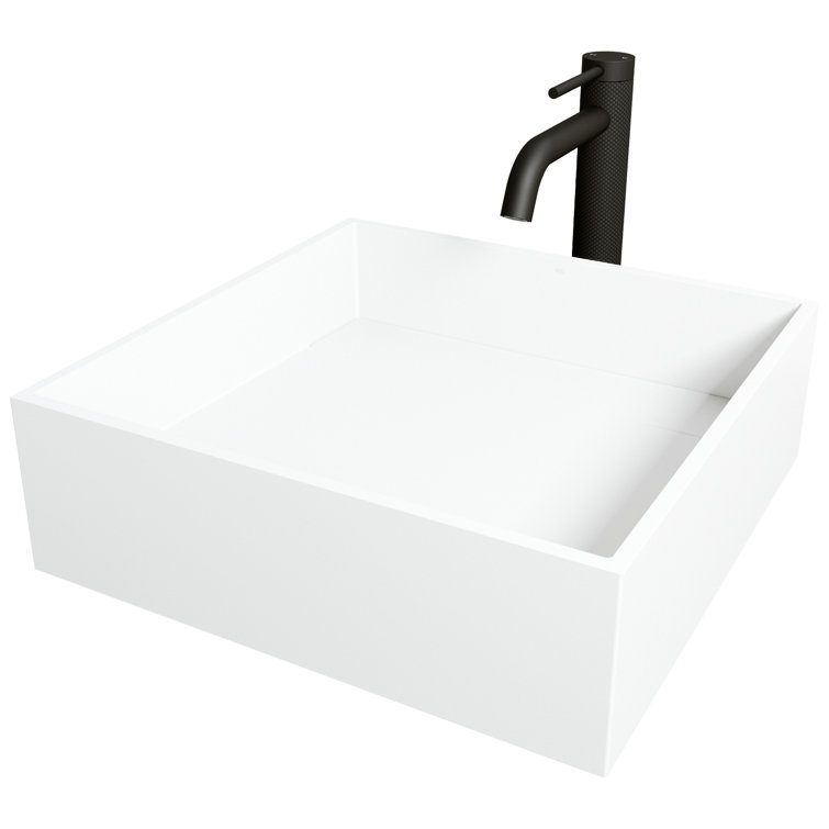 Montauk 15" White Matte Stone Vessel Sink with Matte Black Faucet