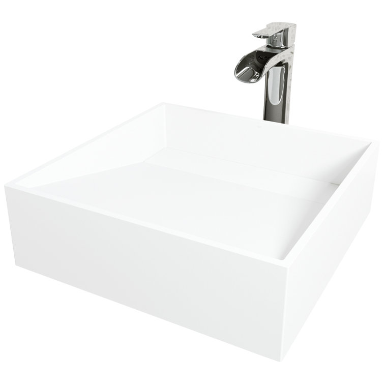 Starr 15" Square White Stone Vessel Sink with Chrome Faucet