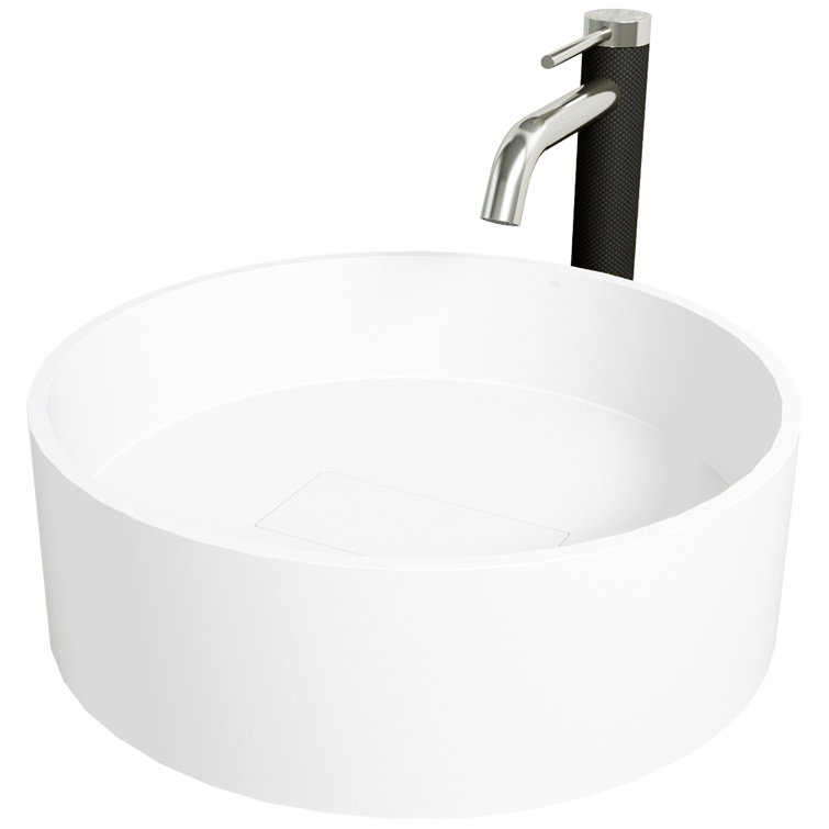 Bryant 15" Round White Matte Stone Vessel Sink with Faucet