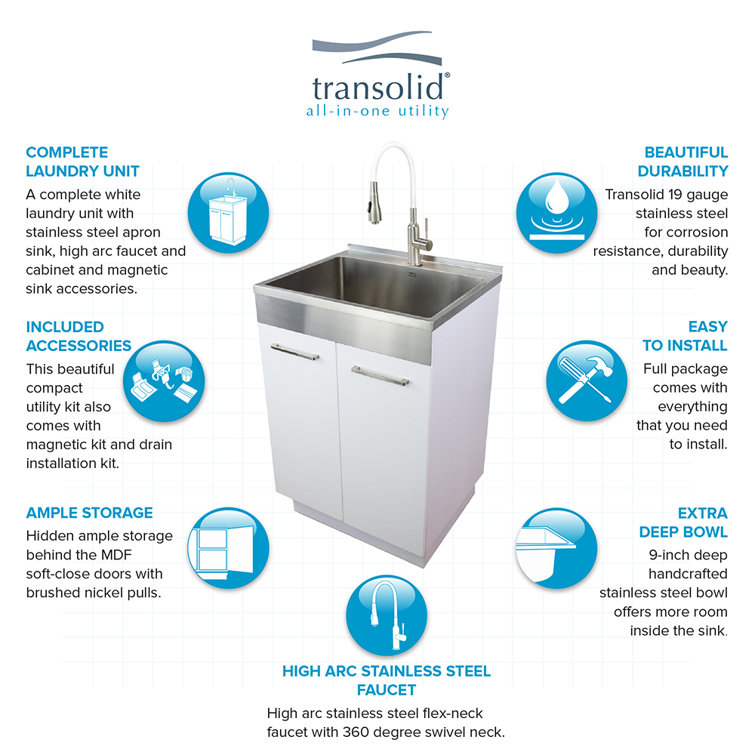 24-Inch White Freestanding Stainless Steel Laundry Sink with Faucet