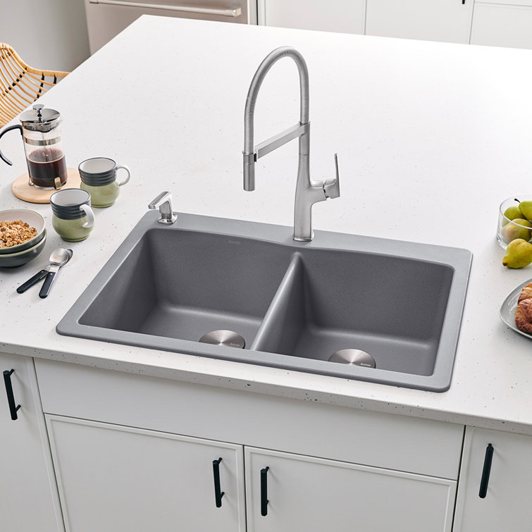 Anthracite Granite Composite 33" Dual Mount Double Bowl Kitchen Sink
