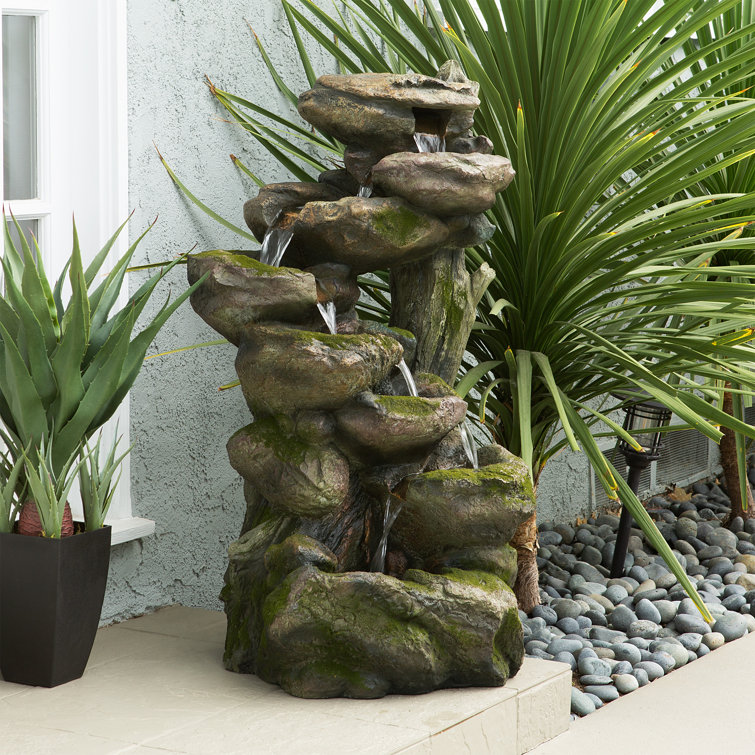 Rustic Gray and Brown Multi-Tier Stone Fountain with LED Lights