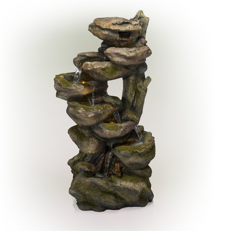 Rustic Gray and Brown Multi-Tier Stone Fountain with LED Lights