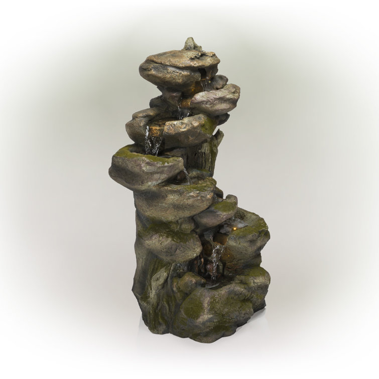 Rustic Gray and Brown Multi-Tier Stone Fountain with LED Lights