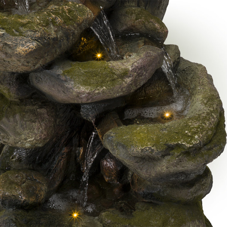Rustic Gray and Brown Multi-Tier Stone Fountain with LED Lights