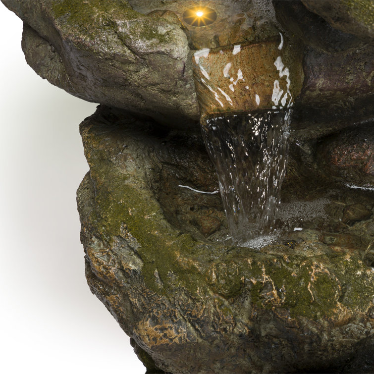 Rustic Gray and Brown Multi-Tier Stone Fountain with LED Lights