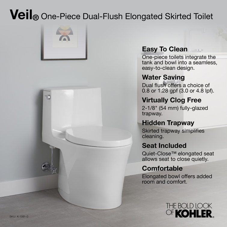 Veil White Polished Elongated Dual-Flush Free Standing Toilet
