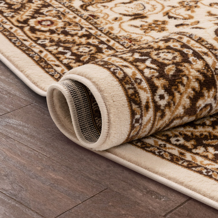 Ivory and Beige Oriental Synthetic Runner Rug