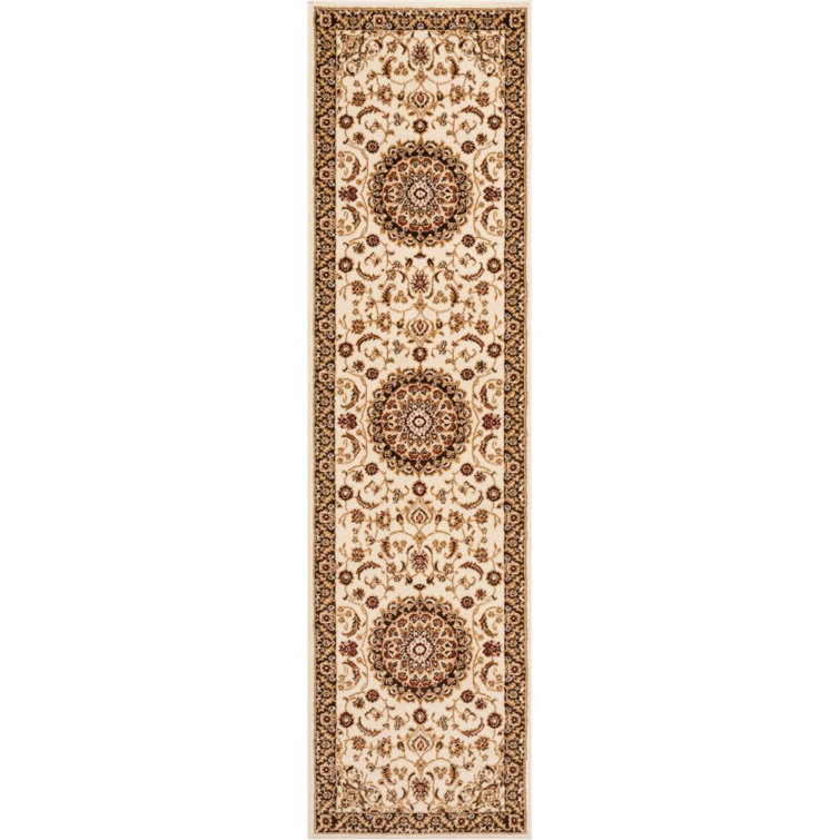 Ivory and Beige Oriental Synthetic Runner Rug