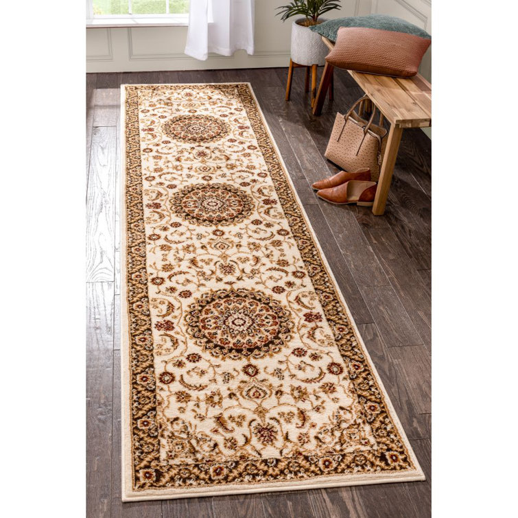 Ivory and Beige Oriental Synthetic Runner Rug
