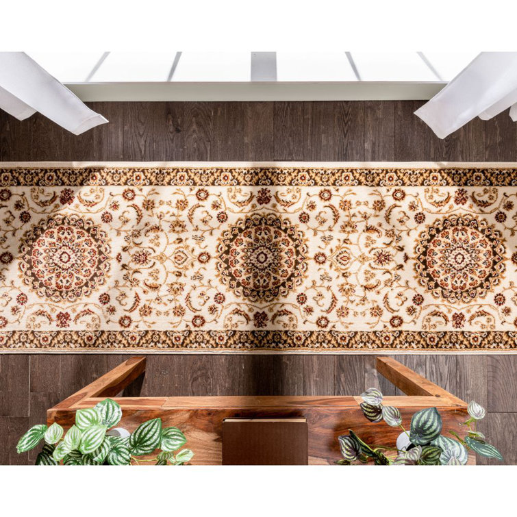 Ivory and Beige Oriental Synthetic Runner Rug