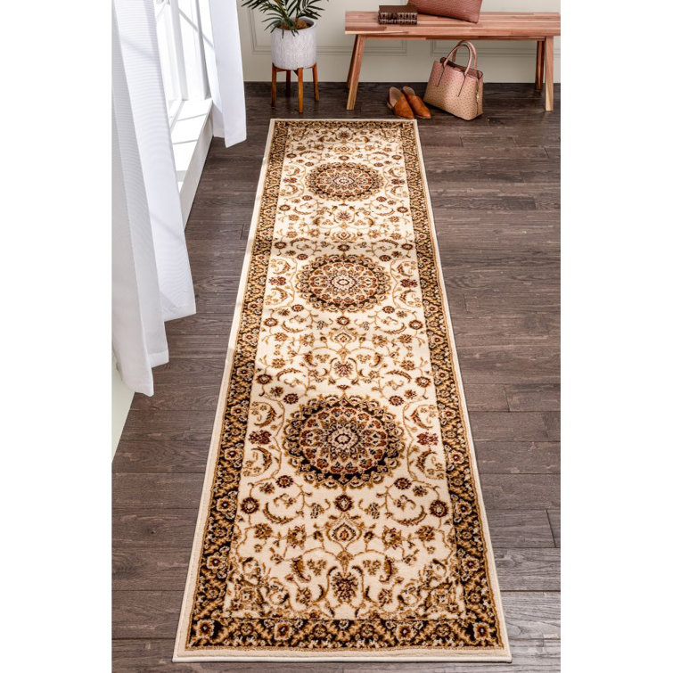 Ivory and Beige Oriental Synthetic Runner Rug