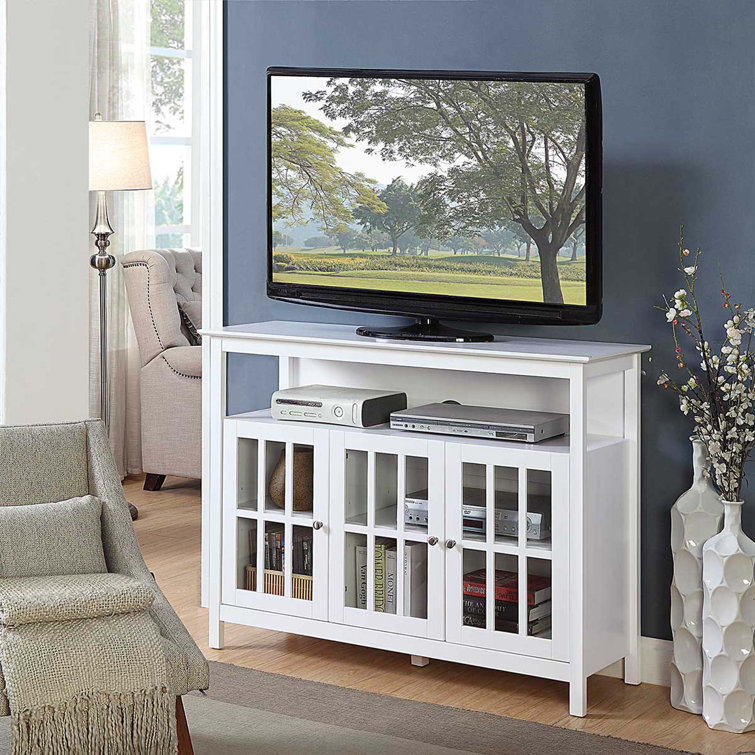 White Solid Pine TV Stand with Glass Cabinet Doors for 55" TVs