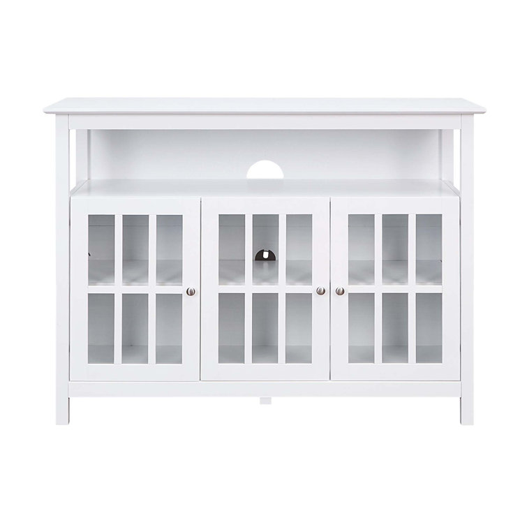 White Solid Pine TV Stand with Glass Cabinet Doors for 55" TVs