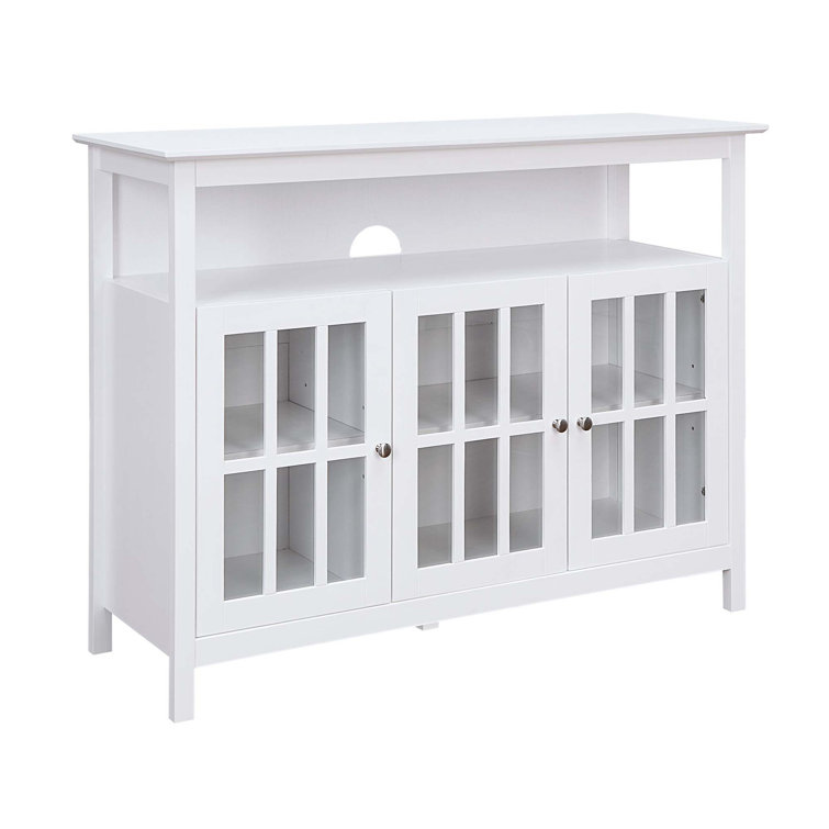 White Solid Pine TV Stand with Glass Cabinet Doors for 55" TVs