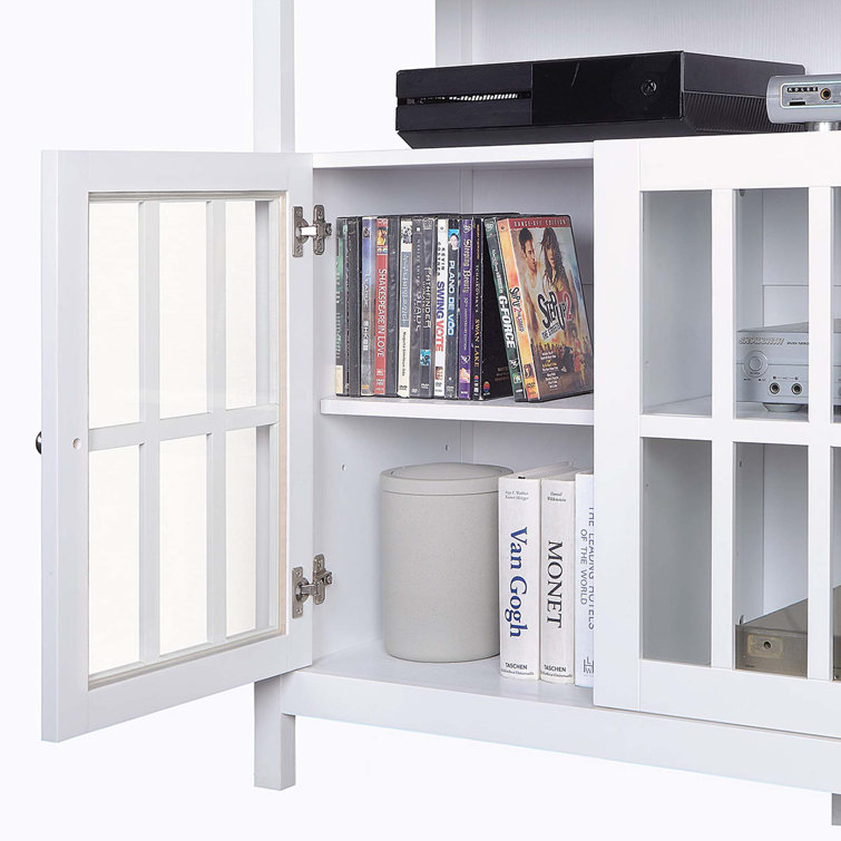 White Solid Pine TV Stand with Glass Cabinet Doors for 55" TVs