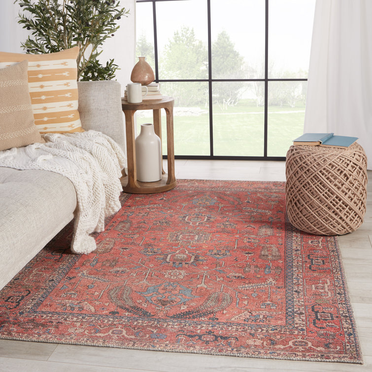 Machine Washable Red Oriental Cotton Synthetic Area Rug 6' x 9'