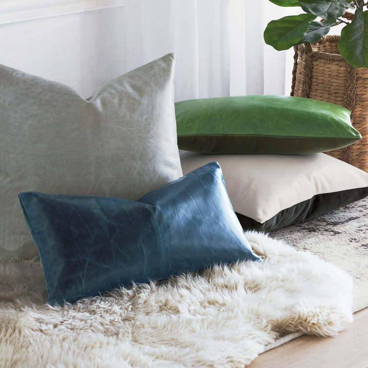 Pacific Blue Rectangular Leather Pillow with Velvet Back