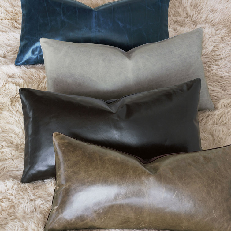 Pacific Blue Rectangular Leather Pillow with Velvet Back