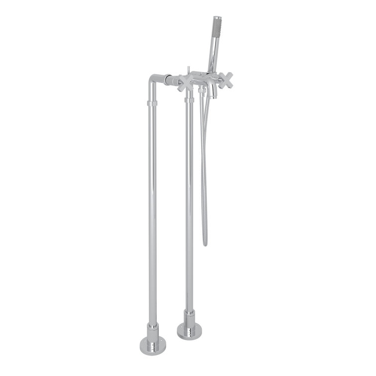 Polished Nickel Brass Floor Mounted Tub Faucet with Handshower