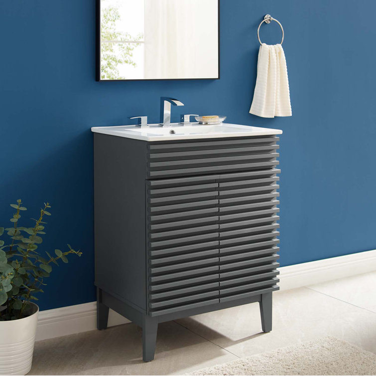 Gray White 24 Inch Mid-Century Modern Bathroom Vanity