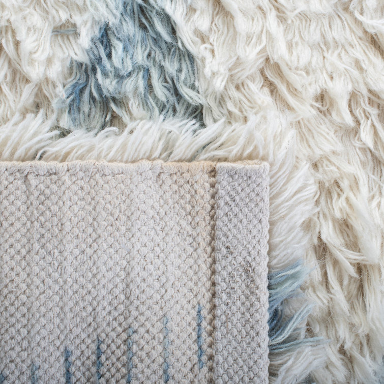 Ivory and Blue Hand-Knotted Wool 9' x 12' Rug
