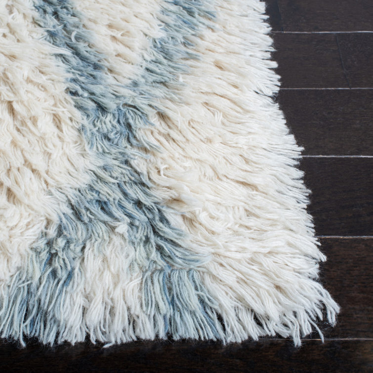 Ivory and Blue Hand-Knotted Wool 9' x 12' Rug