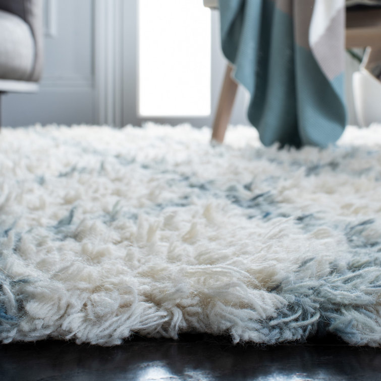 Ivory and Blue Hand-Knotted Wool 9' x 12' Rug
