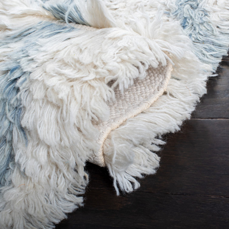 Ivory and Blue Hand-Knotted Wool 9' x 12' Rug
